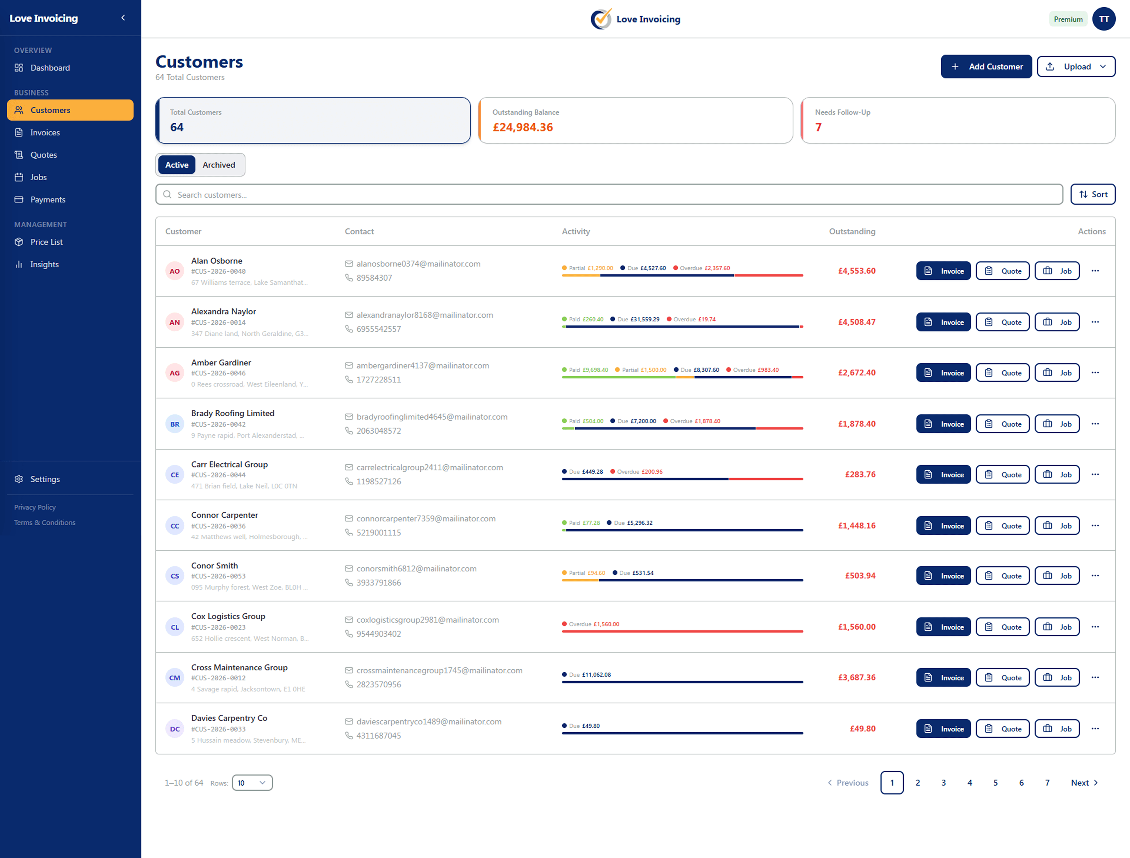 Love Invoicing customer management screen with overdue invoice tracking