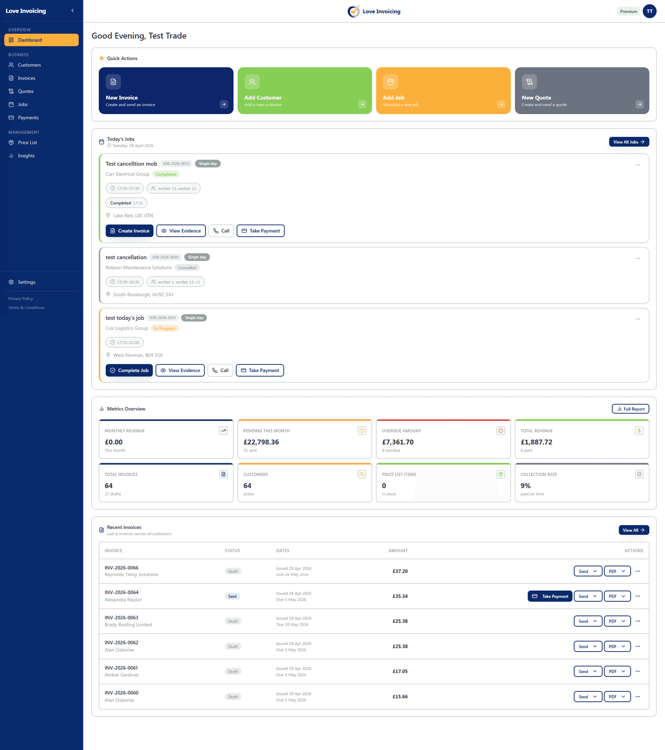 Love Invoicing dashboard showing UK invoicing, jobs, and cashflow at a glance