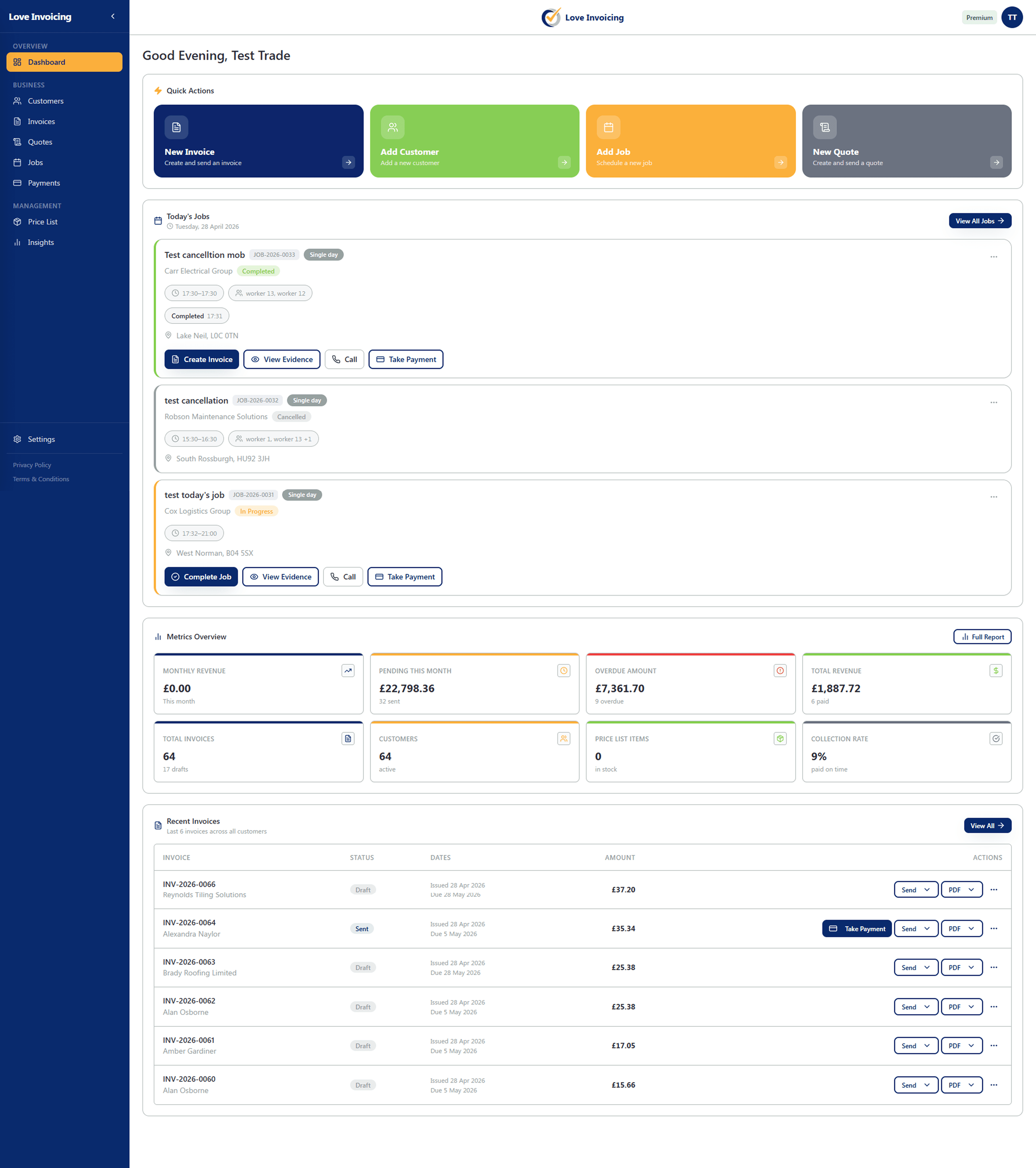 Love Invoicing dashboard showing UK invoicing, jobs, and cashflow at a glance